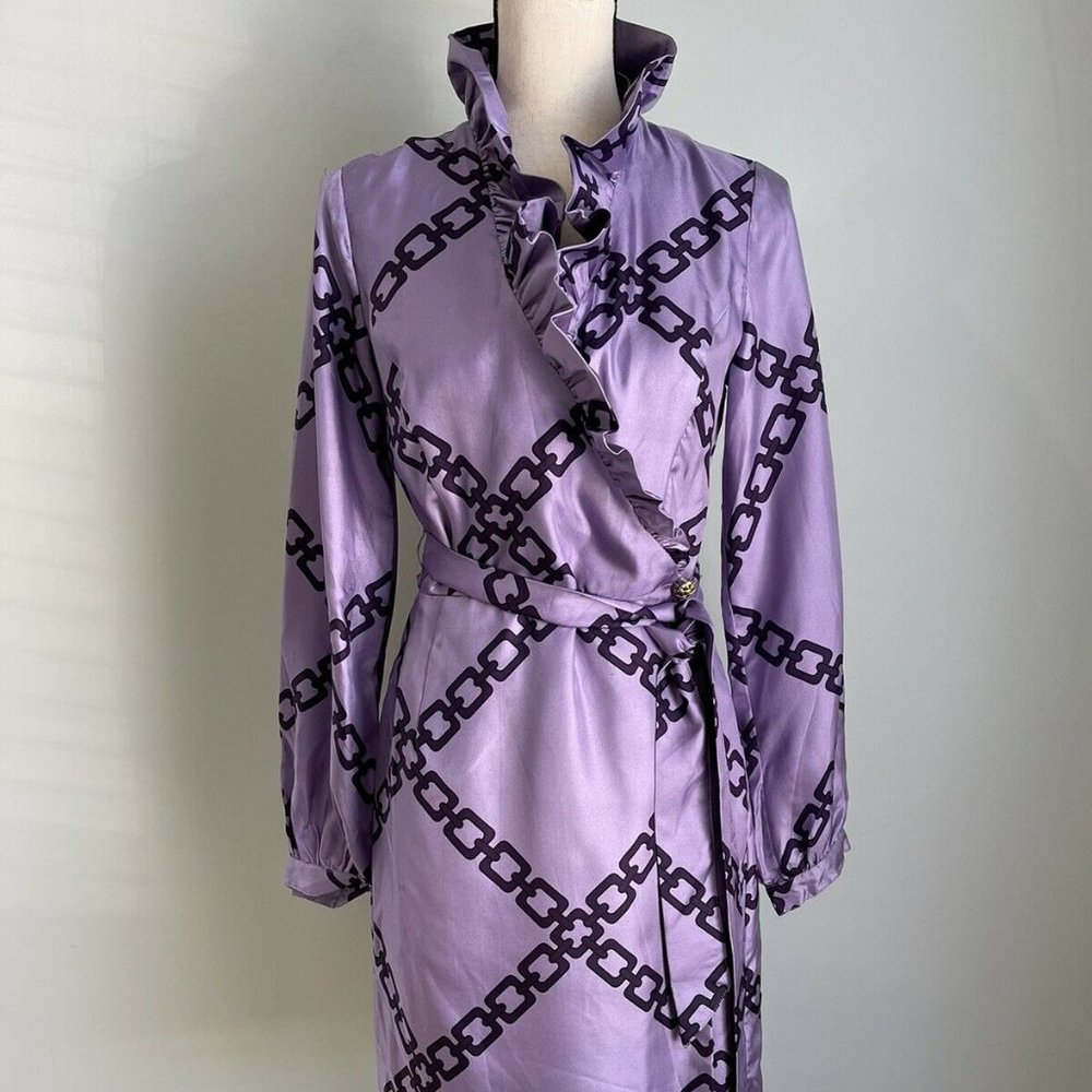 New Elizabeth McKay Purple Chain Print 100% Silk Scotland Wrap Dress